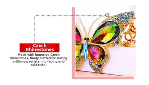 Macro shot showing high-quality colorful Czech rhinestones on a metal butterfly keychain