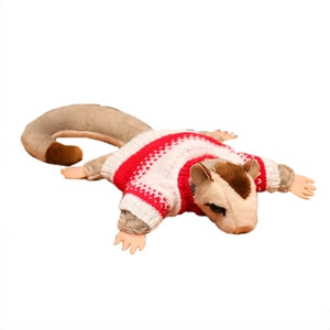 Plush sugar glider toy in red and white striped sweater isolated on white background