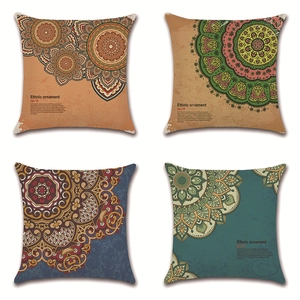Set of four mandala patterns on linen pillow covers with ethnic geometric floral designs