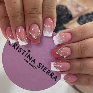 French Style Press On Nails With Rhinestones Silver Glitter White Tips Nude Pink Elegant Sweet Fake Nails For Women Girls