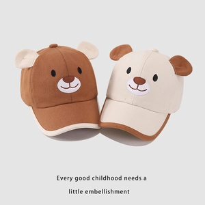 Close-up of cotton baby baseball caps with 3D bear ears and detailed embroidery