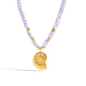 Collier Pendentif Coquillage Plaqué Or 18K Acier Inoxydable Argile Polymère Perles Violet Blanc Bohème Bijoux Plage Femmes