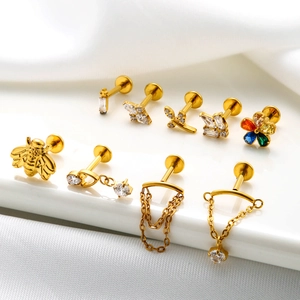 Titanium G23 stud earring set with gold honey bee design and zirconia chain tassels