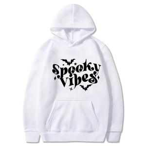 White Halloween hoodie with Spooky Vibes print and bat graphics for men and women