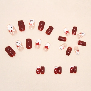 Red rabbit New Year press-on nails set with cute heart patterns and glossy finish