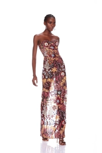 Detail view of colorful floral sequin embroidery on a sheer strapless evening gown