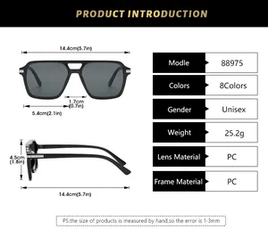 Detailed size guide showing dimensions for retro double-bridge square sunglasses