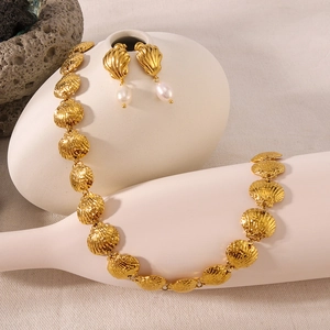 18k gold plated stainless steel shell necklace and pearl drop earrings jewelry set