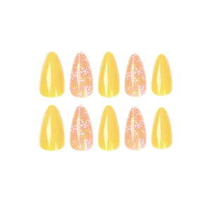 Faux ongles en forme d'amande brillants avec motifs floraux jaunes et roses