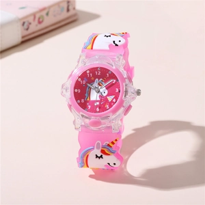 Detailed view of pink quartz watch for kids with cute unicorn patterns and silicone strap