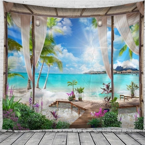 Detailed view of beach scenery wall tapestry hanging on a white brick background