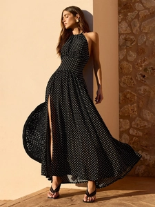 Women Polka Dot Halter Maxi Dress Backless High Slit Sleeveless Polyester Vacation Elegant