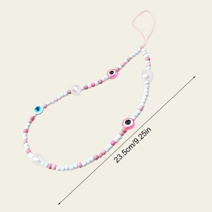 Pink and blue glass beaded phone strap with evil eye charm for secure wrist carrying