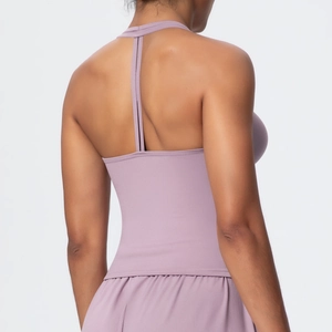 Light purple V-neck yoga tank top with high elasticity and classic T-back design