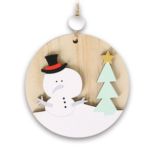 Wooden Christmas tree ornament with snowman and green tree on natural round disc