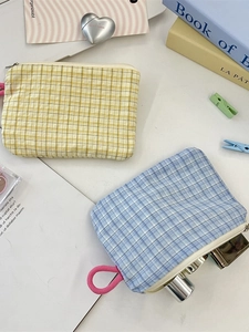 Plaid canvas small cosmetic bags with zipper closure and cute pink rope pendants