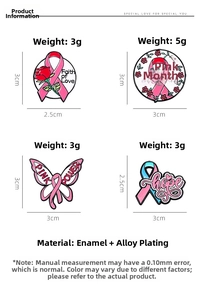 Größentabelle für Emaille-Anstecknadeln mit rosa Schleife mit Maßen und Gewicht der Modelle