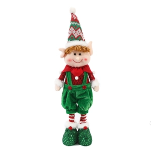 Christmas sitting elf doll with red sequin top and green velvet suspender trousers decor