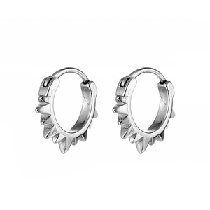 Punk style silver titanium steel hoop earrings featuring sharp spikes and sunray patterns
