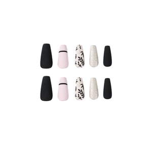 Matte black and pink coffin press-on nails with leaf art and silver glitter accents