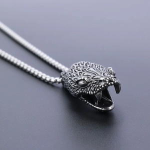 Vintage stainless steel snake head pendant necklace for men with realistic metal scales