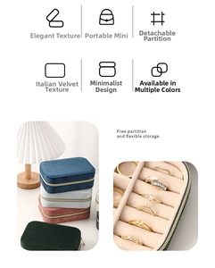 Close-up of velvet jewelry box featuring flexible storage with removable partitions