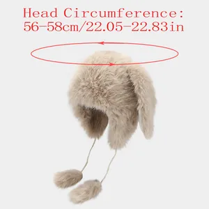 Chapeau de trappeur d'hiver avec oreilles de lapin, pompons, fausse fourrure beige