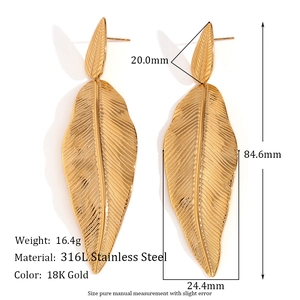 18K gold plated stainless steel feather leaf earrings with 84.6mm length measurement