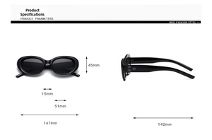 Detailed size chart for retro cat eye sunglasses showing frame width and temple length