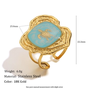 18K gold plated stainless steel sea turtle open ring with turquoise enamel finish