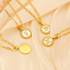 18K gold plated stainless steel initial necklaces with freshwater shells on silk