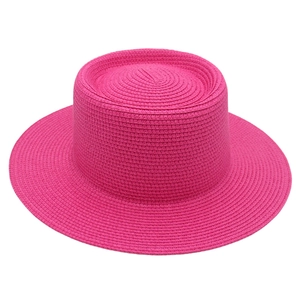 Flat top rose red wide brim straw hat with woven texture for summer vacation