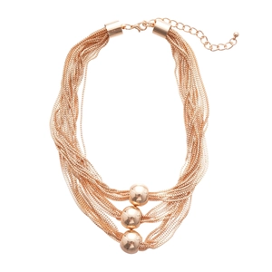 Elegant rose gold multi-layer chain necklace featuring three metallic beads decoration