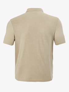 Macro detail of men's beige polo shirt back featuring premium herringbone knit texture