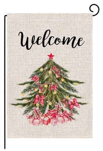 Watercolor Christmas garden flag with Welcome text and festive tree on a metal stand