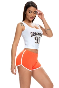 Detail of white tank top with 'ORIGINAL 91' print and orange high-stretch yoga shorts