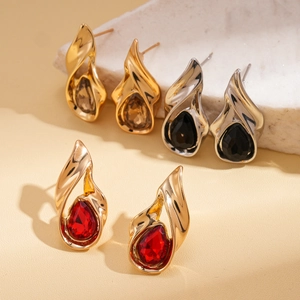Retro teardrop gemstone earrings with hollow metal frames in gold and silver finishes