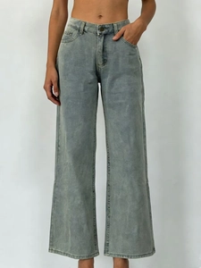 Jeans vintage donna a vita alta gamba larga in grigio lavato con un taglio dritto ampio