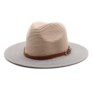 Chapeau Panama bicolore en paille à large bord avec ruban en cuir pour le soleil