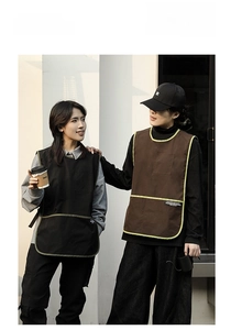 Detail of water-resistant canvas work aprons with contrast piping and large pockets