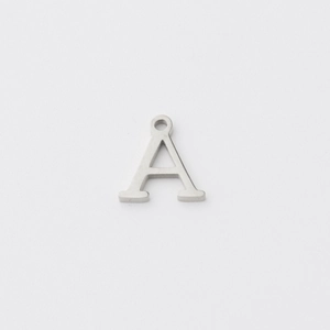 Close-up of a silver stainless steel letter A pendant for DIY necklaces