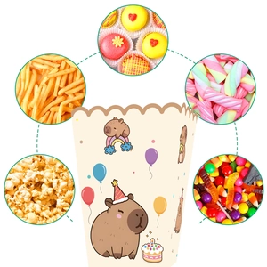 Detail showing Capybara themed beige snack boxes for boys' birthday party decorations