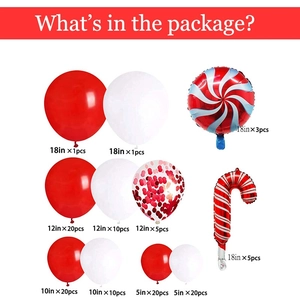 Detailed package content of Christmas balloon set with red and white latex and foil balloons