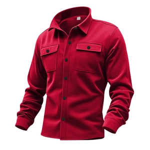 Detailed view of red casual jacket for men featuring black buttons and double chest pockets