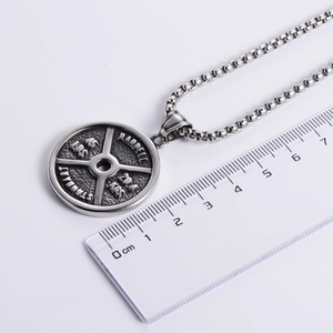 Men's vintage silver barbell pendant necklace in stainless steel with size measurement