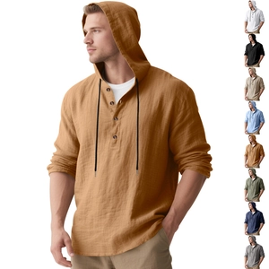 Detailed display of men's linen hooded Henley shirt showing various available colors