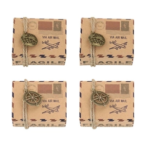 Vintage Airmail Gift Box Kraft Paper Candy Box With Hemp Rope And Metal Compass Globe Charm For Wedding Party Favor