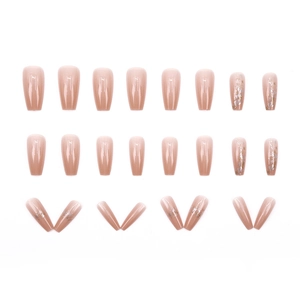 Nude pink gradient coffin press-on nails with silver glitter and sequins 24pcs set