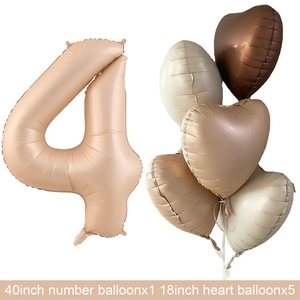 Detail of 40-inch caramel number 4 balloon with 18-inch matte heart-shaped foil balloons