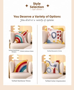 Detail of four tufted rainbow throw pillows with geometric patterns and fringe tassels